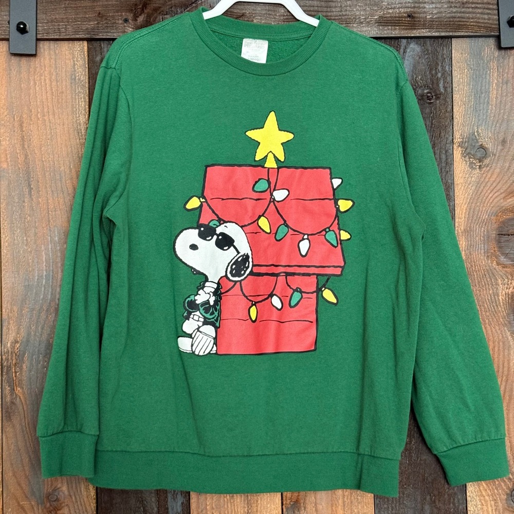 Peanuts Snoopy Joe Cool Christmas Sweatshirt Green Mens Large Doghouse Lights